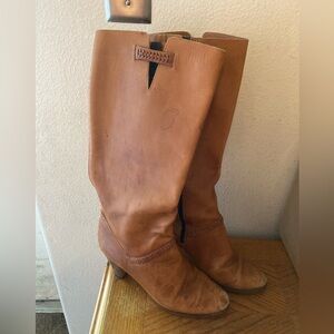 MADE IN BRAZIL Caramel Leather Heeled Boots  WITH BRAIDED ANKLE STRAP 10M